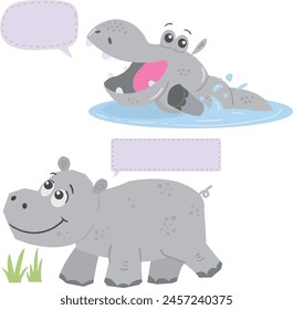 hippo cartoons with speech bubble, cute happy hippo cartoon vector set.