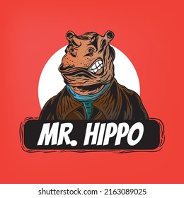 Hippo character wearing brown jacket on red background. suitable to print on t-shirt
