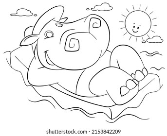 Hippo kühlt auf dem Wasser. Element zum Färben der Seite. Cartoon-Stil.