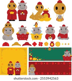 hippo Chinese New Year clip art,
festive hippo illustrations,
Year of the Snake clip art