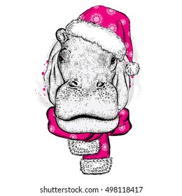 Hippo in Christmas hat. Vector illustration for a card or poster. Print on clothes. New Year's and Christmas.