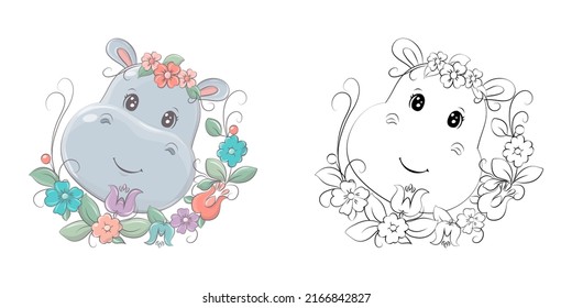 Hippo Clipart Multicolored and Black and White. Beautiful Clip Art Hippopotamus with Flower Bouquet. Vector Illustration of an Animal for Prints for Clothes, Stickers, Baby Shower, Coloring Pages. 