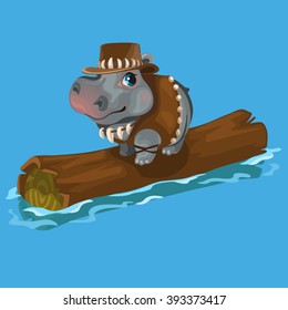 Hippo in the clothes of the wild West floating on a log across the river. Vector illustration.