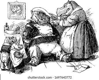 Hippo in cloths putting bandage over head of another hippo who is injured, two baby hippos looking at them, seizer and bandage on ground, vintage line drawing or engraving illustration