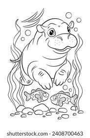 Hippo coloring page. Animals outline. Hippopotamus underwater vector