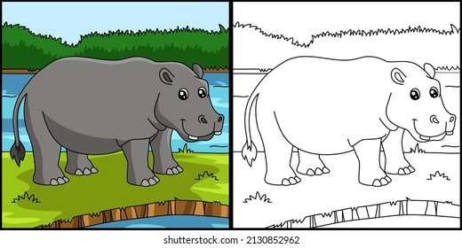 Hippo Coloring Page Colored Illustration