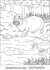 Hippo coloring pages hippopotamus in forest vector