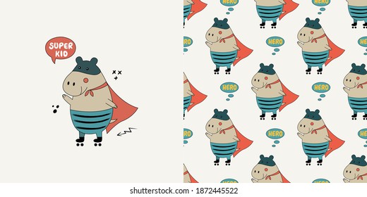 Hippo con disfraz de historietas en rodillos. Ilustración vectorial de Doodle con un hipopótamo. Diseño para tela, textil, impresión. 