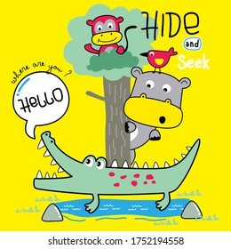hippo, crocodile and monkey funny animal cartoon,vector illustration