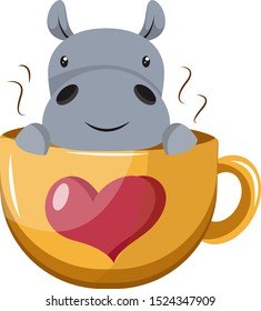 Hippo in cup, illustration, vector on white background.