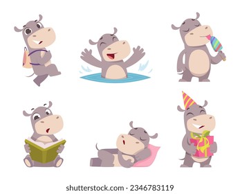 Hippo. Cute african cartoon wild animals in action poses exact vector hippo collection