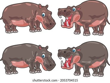 Hippo cute cartoon in different colors with 2 poses