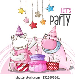 Hippo cute happy birthday. hand draw illustration - Vector