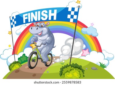 Hippo cycling under a rainbow finish line