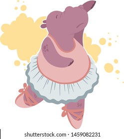 Hippo dancing ballet in the theater. Cartoon vector style of illustration. 