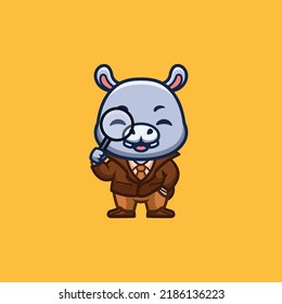 Hippo Detective Cute Creative Kawaii Cartoon Mascot Logo