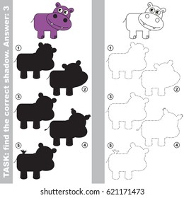 Hippo with different shadows to find the correct one, compare and connect object with it true shadow, the educational kid game with simple gaming level.