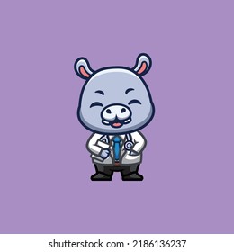 Hippo Doctor Cute Creative Kawaii Cartoon Mascot Logo