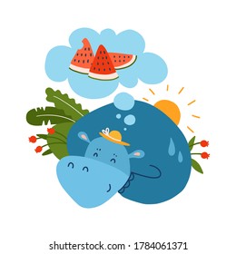 Hippo soñando con la sandía, ilustración vectorial de mano plana sobre fondo blanco