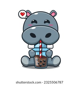 hippo drink boba milk tea cartoon vector illustration.