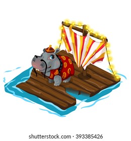 Hippo in Eastern kimono floats on a raft across the river. Vector illustration.