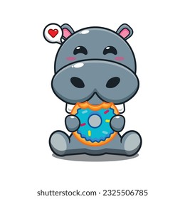 hippo eating donut cartoon vector illustration.