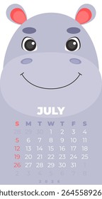 Hippo face on a calendar for July. The calendar is for the year 2026. Vector illustration in a flat style