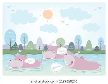 Hippo family design in the river and natural scenery.