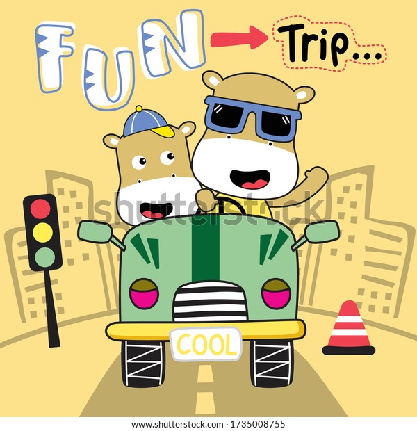 hippo family on the car funny animal
cartoon,vector
illustration