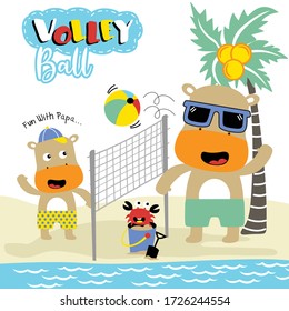 hippo family playing volleyball funny animal cartoon,vector illustration