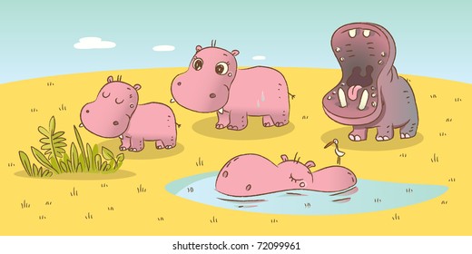 hippo family- wild animals savanna drawings