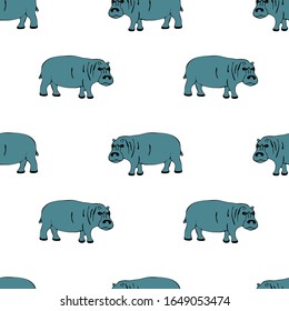 hippo flat hand drawn illustration. Cute cartoon animal character on background. Wild animal vector seamless pattern