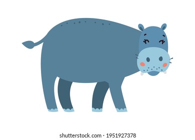 Hippo flat style vector. Wild herbivorous animal. African fauna species. Violet hippopotamus cartoon on white background. For nature concepts, children s books illustrating, printing materials.