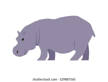 Hippo flat style vector. Wild herbivorous animal. African fauna species. Violet hippopotamus cartoon on white background. For nature concepts, children's books illustrating, printing materials