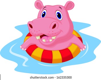 Hippo floating on an inflatable circle in the pool