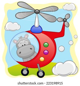 Hippo is flying in a helicopter 