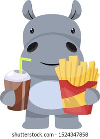 Hippo with french fries, illustration, vector on white background.