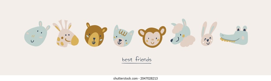 Hippo, giraffe, bear, cat, monkey, lama, rabbit, crocodile round face head icon set. Cute farm, forest animals. Cute cartoon character. Funny baby kids print. Flat design. White background Isolated