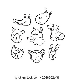 Hippo, giraffe, bear, cat, monkey, lama, rabbit, crocodile round face head icon set - ink black and white doodle style. Cute farm, forest animals. Cute cartoon character. Funny baby kids print