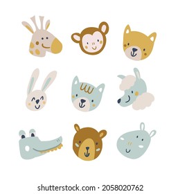Hippo, giraffe, bear, cat, monkey, lama, rabbit, crocodile round face head icon set. Cute farm, forest animals. Cute cartoon character. Funny baby kids print. Flat design. White background Isolated