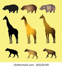 Hippo. Giraffe. Hyena. Wire. Animals. Africa. Set.