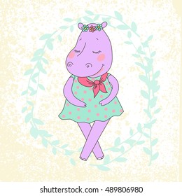 Hippo girl with closed eyes having flower in her hand and a flower wreath on the head. Lovely hippopotamus in a dress in peas on background with branches and texture
