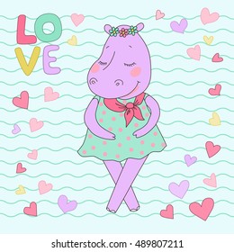 Hippo girl with closed eyes having a flower wreath on the head. Lovely hippopotamus sticker in a dress in peas on background from wavy lines and hearts. Word love is hand drawn