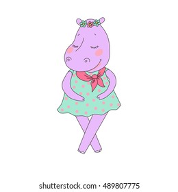 Hippo girl with closed eyes having a flower wreath on the head. Lovely hippopotamus in a dress in peas on white background