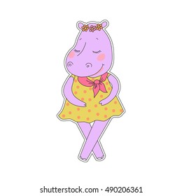 Hippo girl with closed eyes having a flower wreath on the head. Lovely hippopotamus in a dress in peas on white background. Animal sticker in cartoon style.