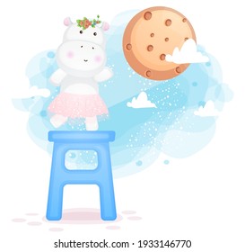 Hippo girl on the blue chair take the moon cartoon character Premium Vector