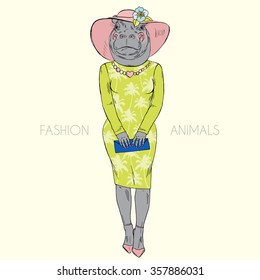 hippo girl in stylish dress, fashion animal, hipster animal