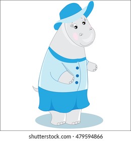 Hippo girl in stylish suit and hat, vector illustration