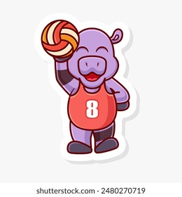 Hippo grips the volleyball with one hand, cute cartoon character of animal doing sport