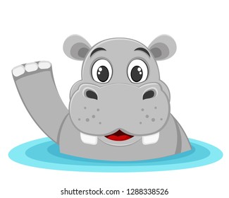 Hippo half sitting in a puddle and waving his paw on a white.